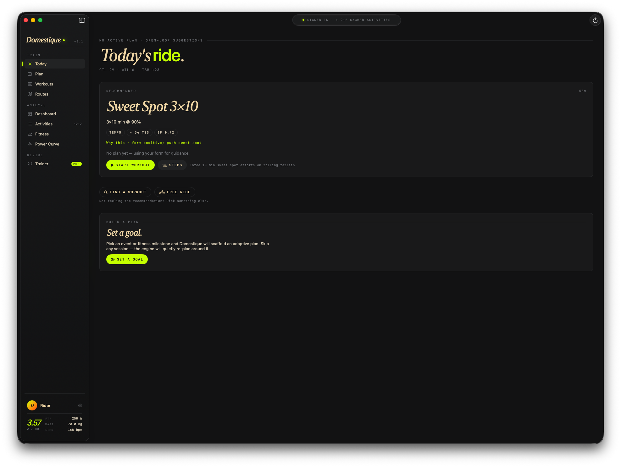 Today view: an adaptive Sweet Spot 3x10 recommendation with start and free-ride controls, above a goal-setup card.
