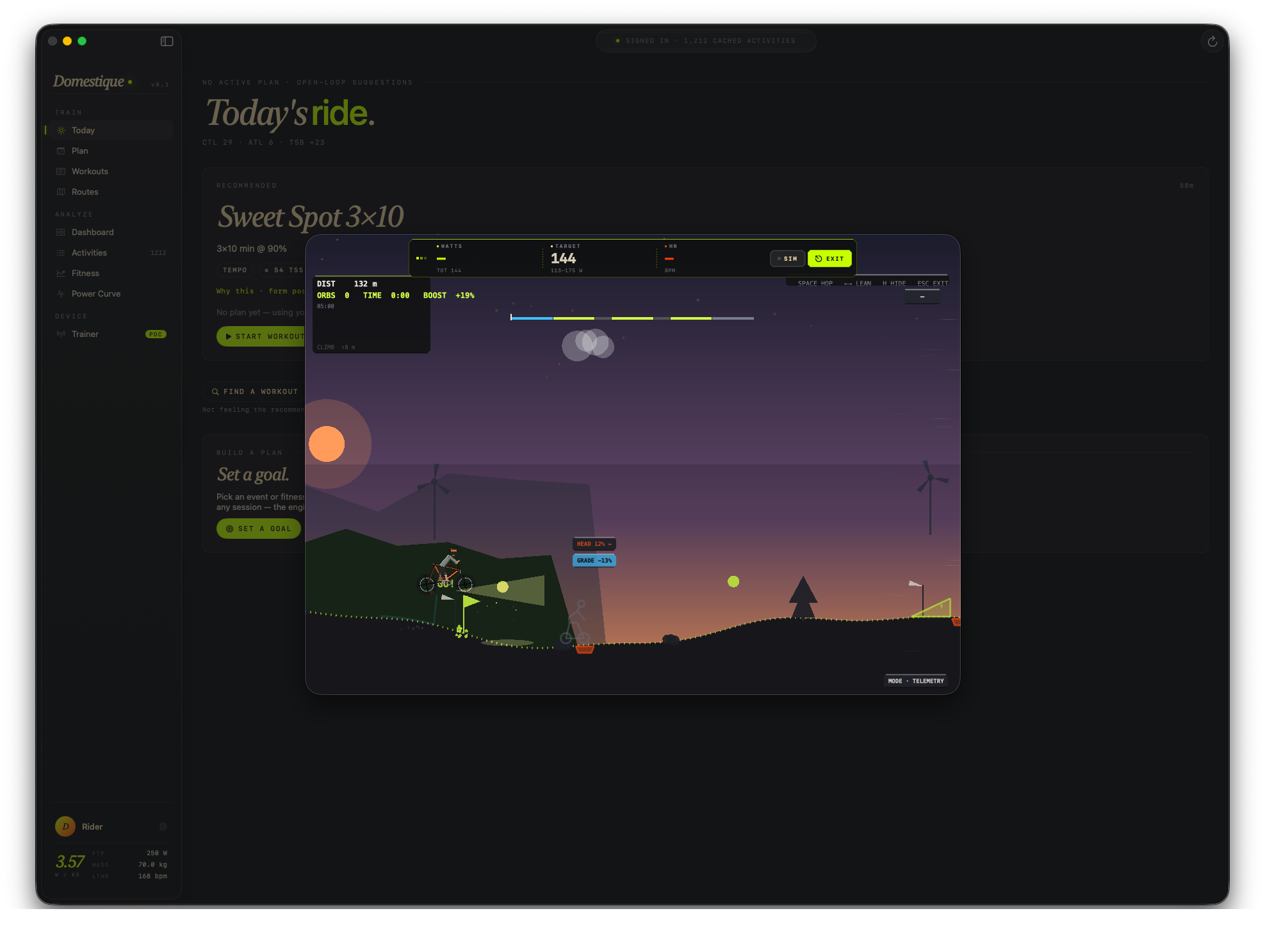 The workout game mid-ride: a 2D side-scrolling cyclist climbing a hill at dusk, with a live power and target HUD across the top.