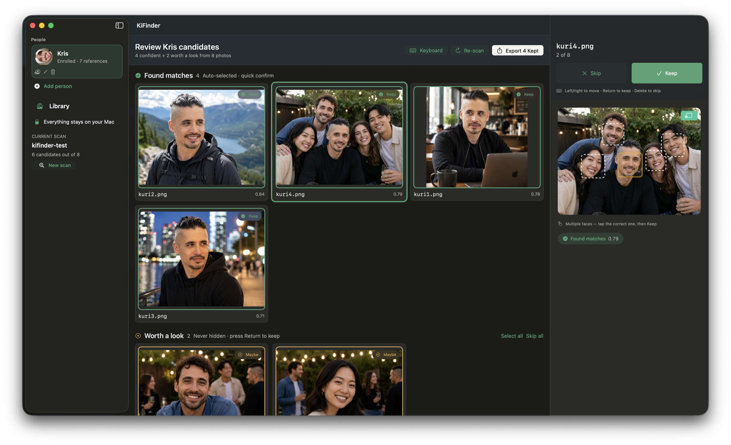 KiFinder's review screen: a grid of found matches marked Keep with similarity scores, a worth-a-look row beneath, and an inspector showing a group photo with each detected face boxed for selection.
