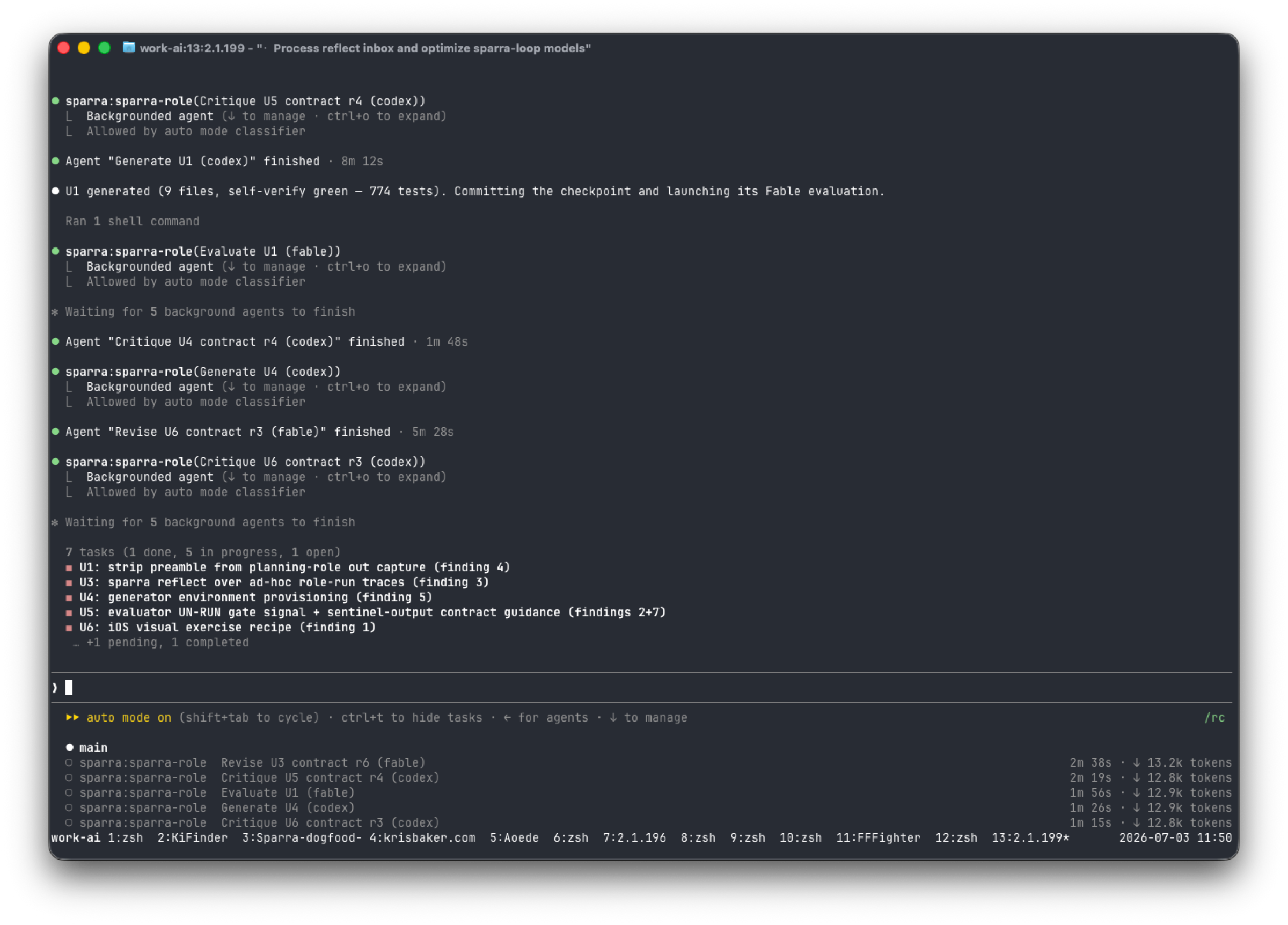 A Claude Code session running several Sparra role-runs in parallel: Codex generating work items while a Fable model evaluates them, with a queue of items U1 through U6 and five background agents in flight.